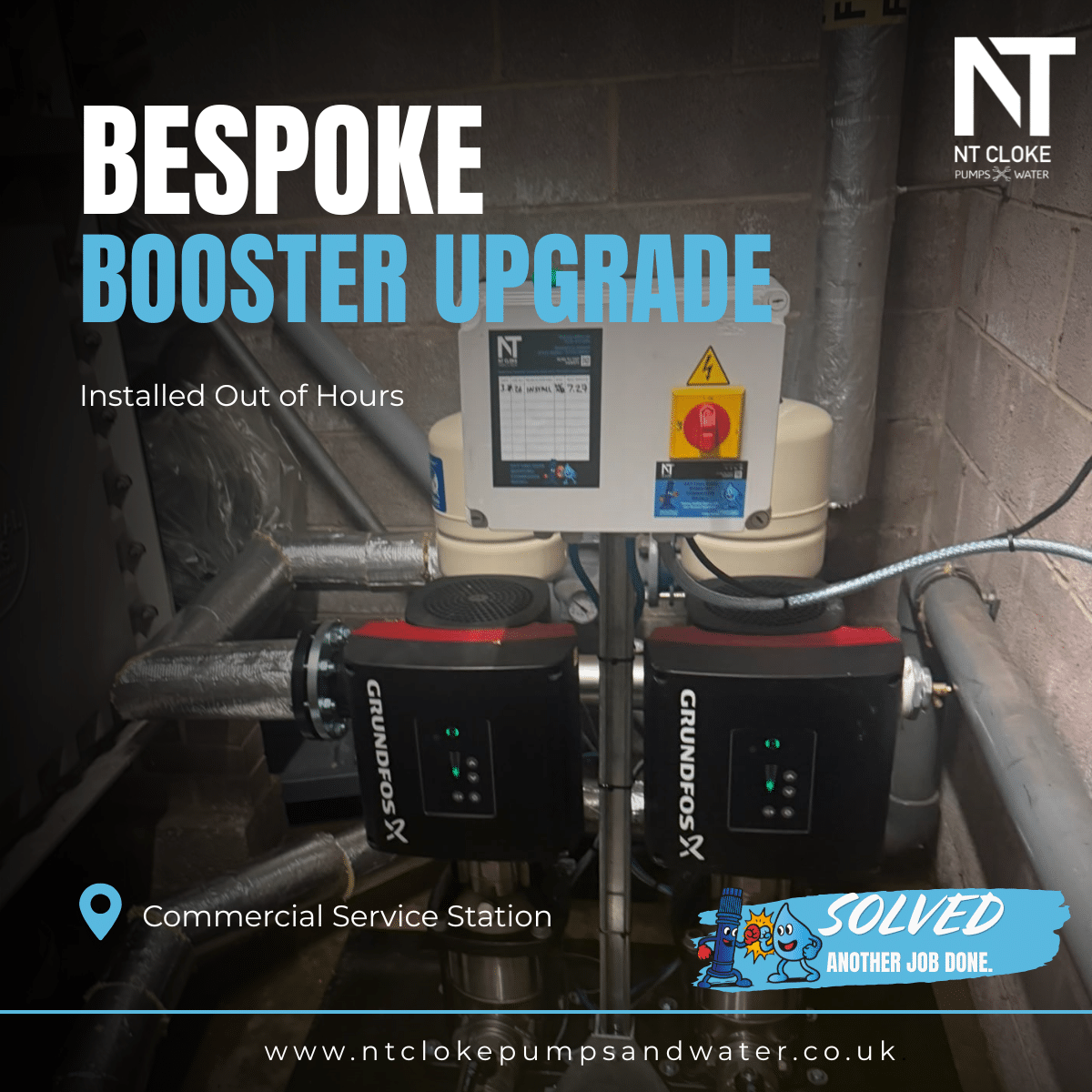 Bespoke Grundfos booster set replacement at a busy service station